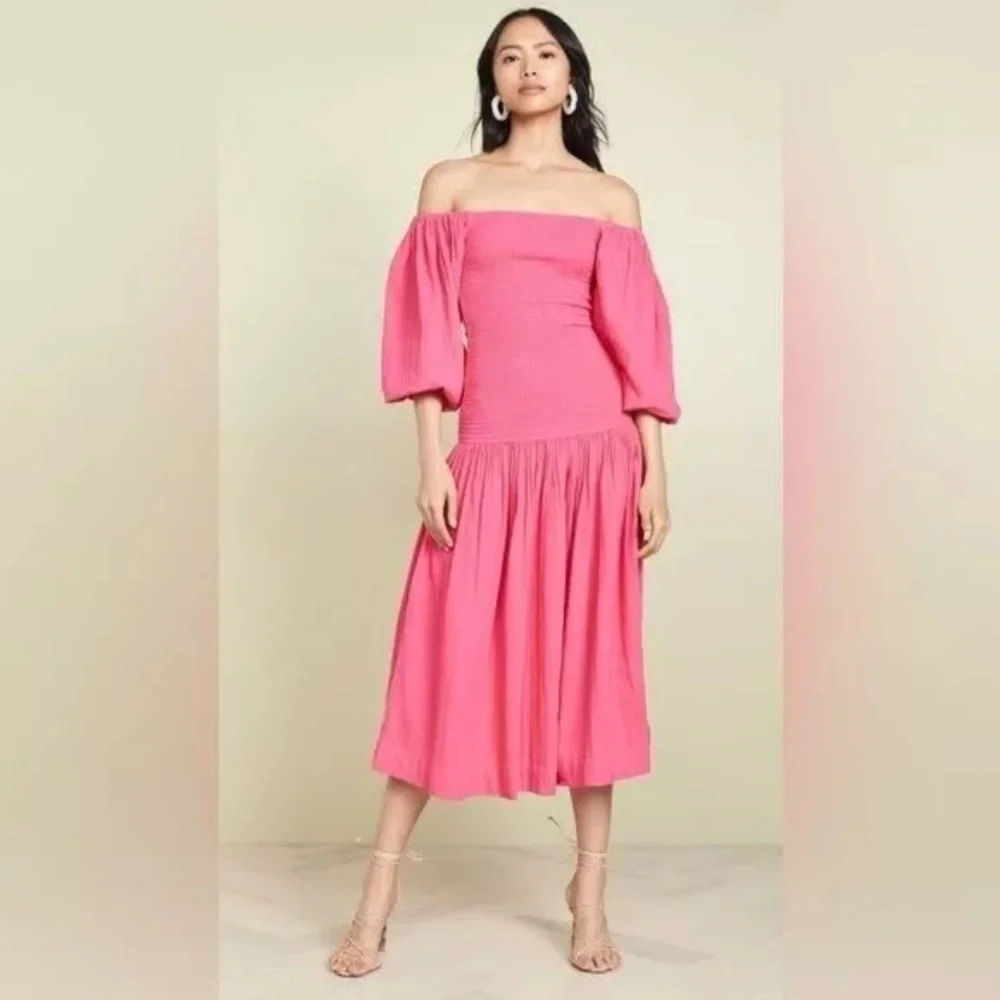 RHODE Harper Smocked‎ Off Shoulder Puff Sleeve Hot Pink Midi Dress Gauze Cotton